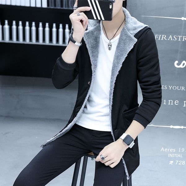 

harajuku men's winter windbreak long coat fashion casual plus velvet thickened plus cotton warm fashion fleece outwear, Tan;black