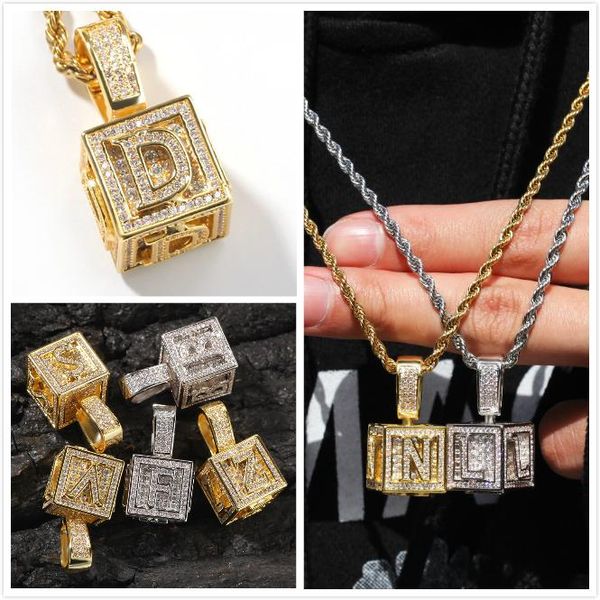 Nuovi ragazzi Bling Lettera iniziale A-Z Collana con pendente quadrato cubico Personalizzato placcato oro 18 carati CZ Zircone Gioielli hip-hop Regali per uomo Donna