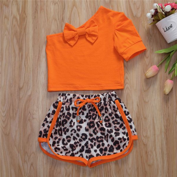 

fashion toddler kids baby girls 9m-4t clothes sets one shoulder orange leopard print shorts pants summer outfit, White