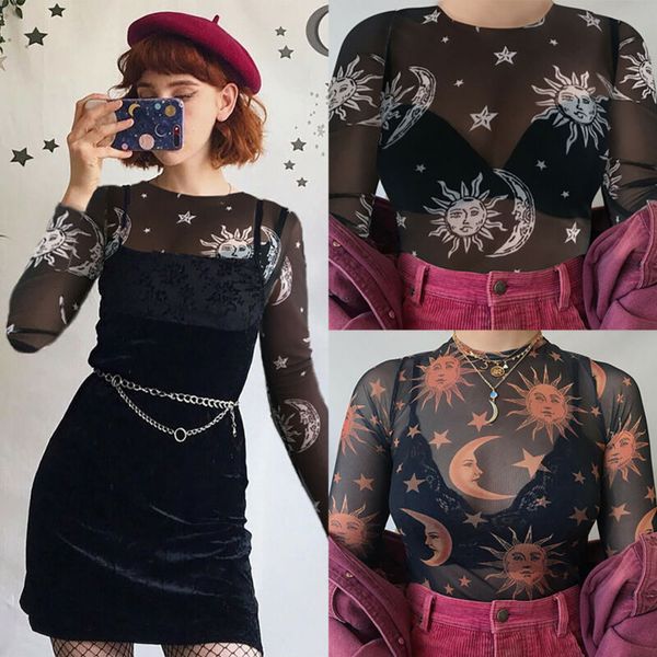 

Women Mesh Sheer Crop Tops Transparent Long Sleeve Exposed Navel Blouse Clubwear