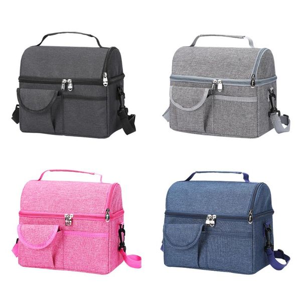 

thermal insulated double layer bento case waterproof pure cooler lunch bag tote portable insulated canvas lunch bag, Blue;pink
