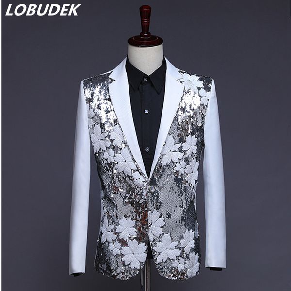 

evening party men's host suit jackets black white sequins slim blazers flowers sequined coat singer emcee performance costume, White;black