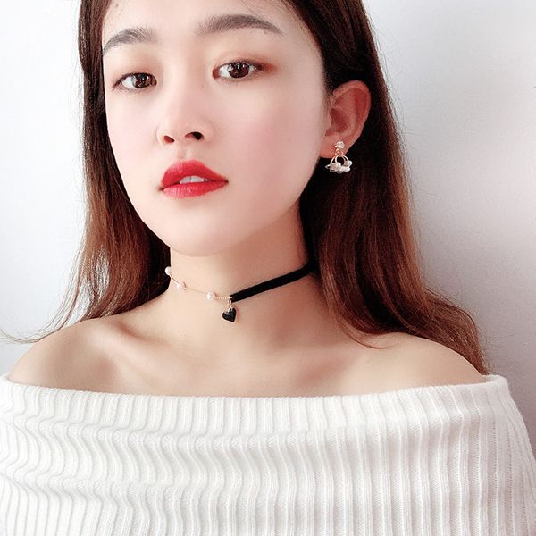 

trendy chokers necklaces asymmetric pearl chain cotton heart party necklace for female korean jewelry red heart women, Silver