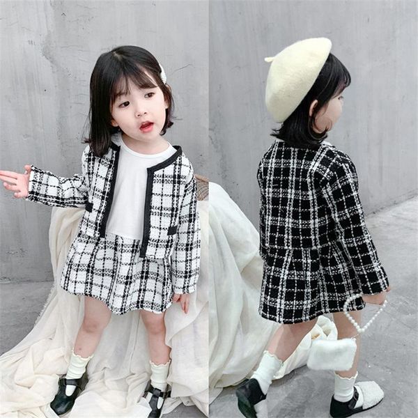 

2019 baby girl fashion plaid clothing set jacket+dress,girls kids elegant spring autumn clothes suits children outfit, White