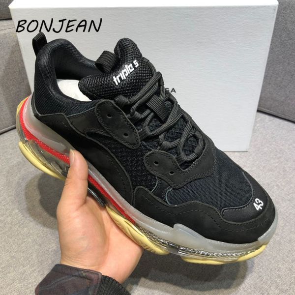 

bonjean 2019 fall genuine leather men's shoes sports casual shoes thick soles triple s air cushion bottom shoe sneakers c13, Black