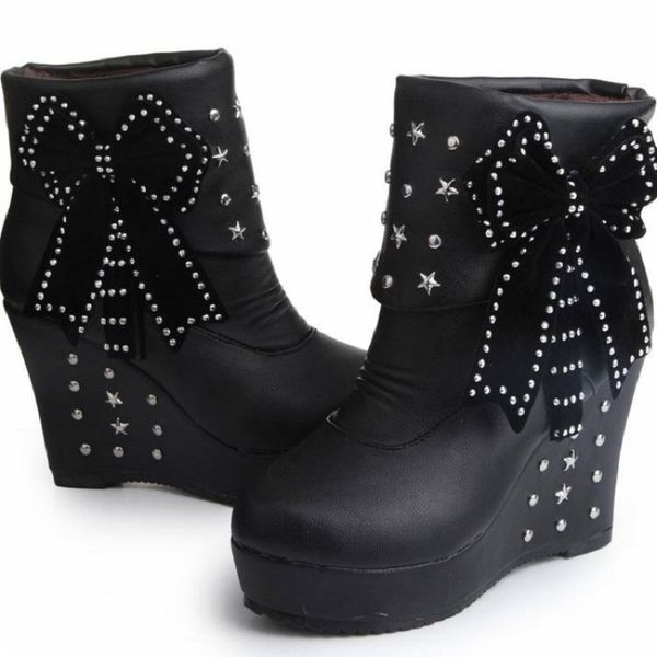 

thick-soled cotton shoes women's winter plus velvet bow inside increased short boots fashion fur snow boots, Black
