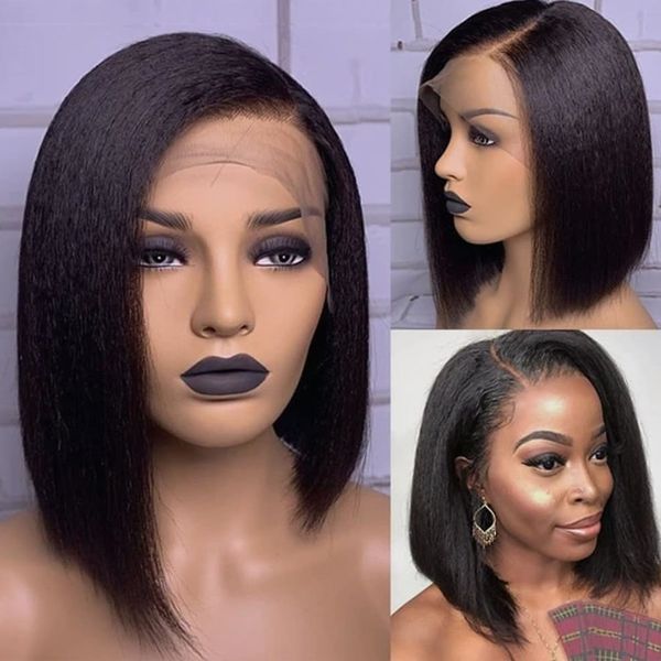 

short bob yaki straight human hair wigs for black women 13x6 transparent lace front wigs 200density 360 lace frontal, Black;brown