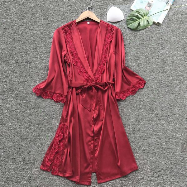 

women fashion sleepwear lingerie lace belt nightdress nuisette femme de nuit bathrobe satin comfortable all seasons spandex, Black;red
