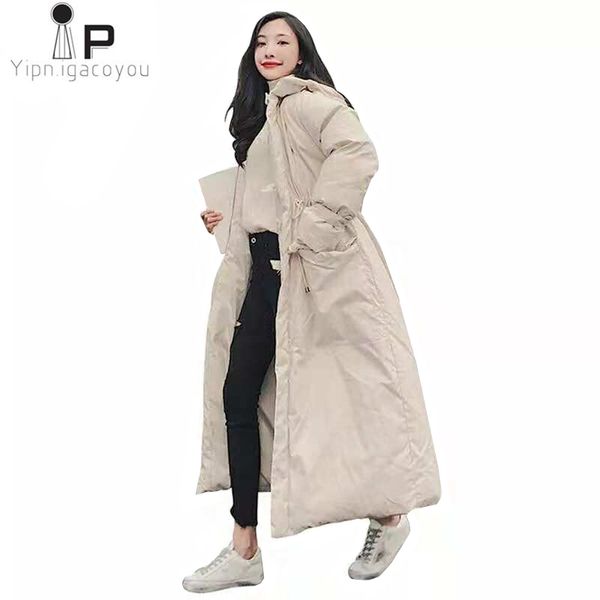 

winter long womens down jackets hooded coat parka korean fashion thick warm cotton padded jacket loose plus size women overcoat, Black