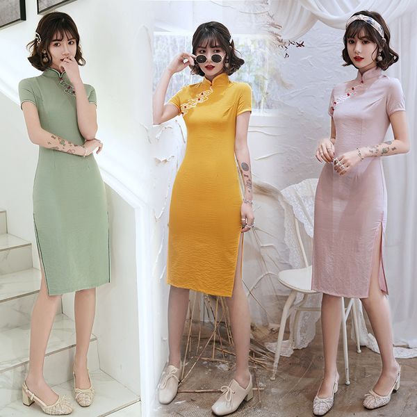 

modern linen cotton qipao chinese traditional dress embroidery beading cheongsam improve qi pao vestido, Red