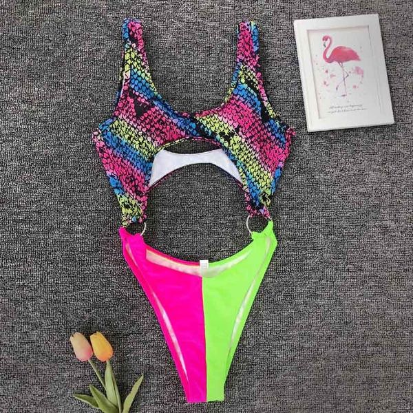 

2019 tummy cut out one piece swimsuit female hollow out women swimwear high leg cut bathing suit print swim wear lady 5094, White;black