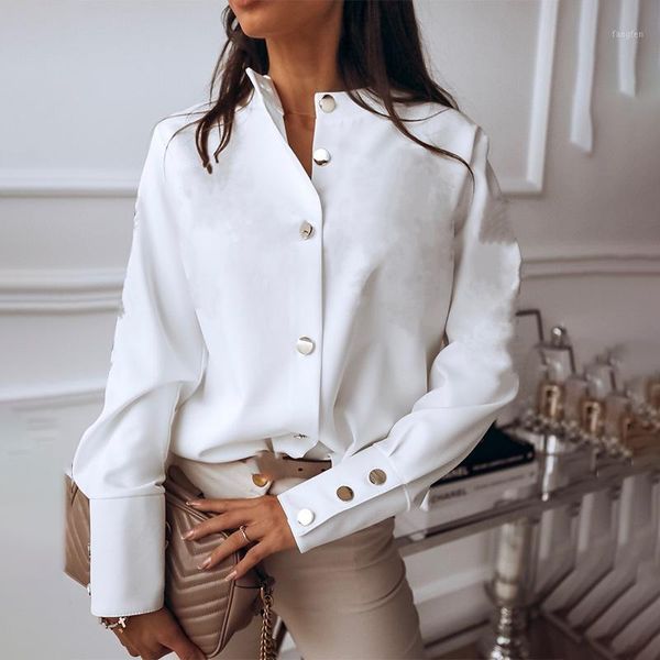 Blusa feminina camisa branca top stand collar único breasted fêmea blusas metal botões 2020 primavera outono elegante senhora camisas1