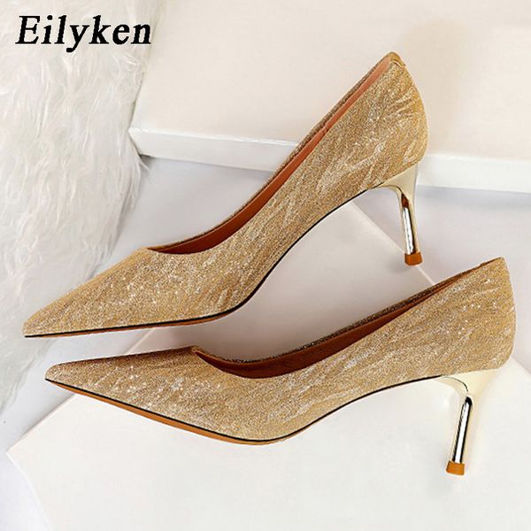 

eilyken design silver champagne shallow pointed toe women thin low heels pumps ladies 2020 fashion wedding party shoes, Black