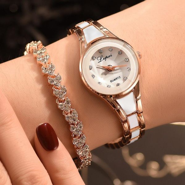 

2 pcs set lvpai watch women rose gold diamond bracelet watch luxury jewelry ladies female girl hour casual quartz wristwatches, Slivery;brown