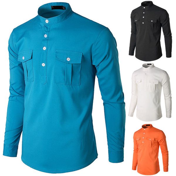 

men grandad collar shirts formal stylish casual shirts plain slim fit blouse men's casual pockets shirt, White;black
