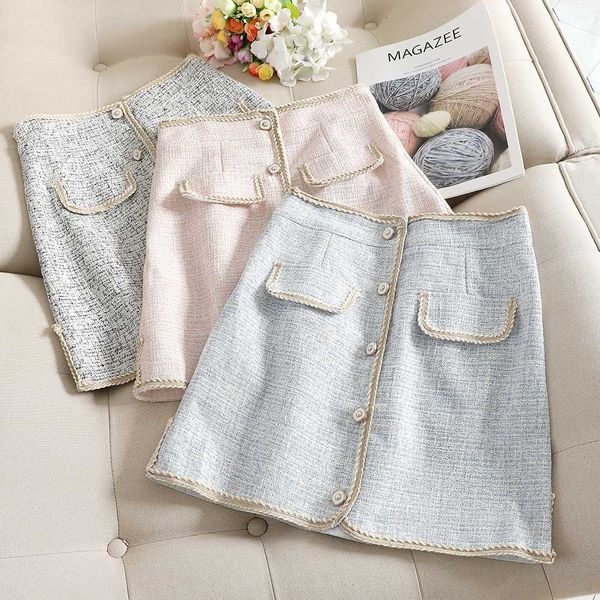 

mumuzi slim single-breasted pocket tweed skirt package hip high waist skirt female fake pockets short skirts saias faldas, Black