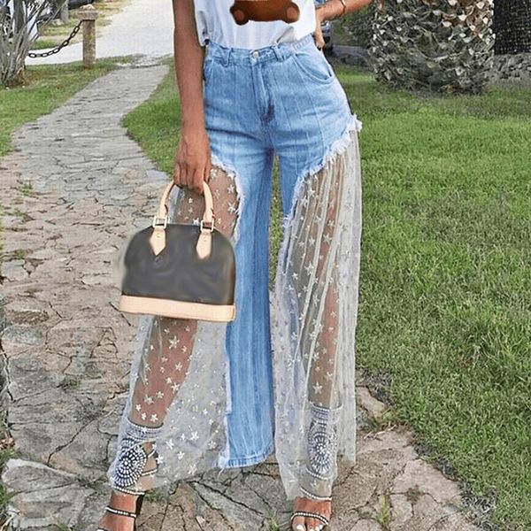 

mesh star wide leg pants jeans women fashion transparent summer street style casual loose see high waist denim trousers, Blue