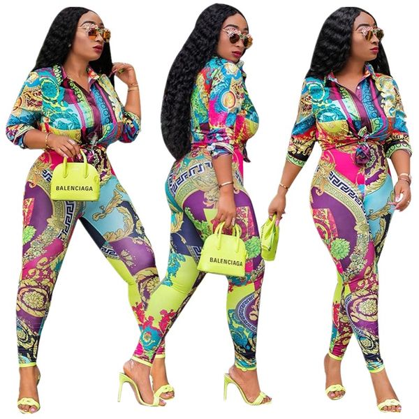 

women fashion print lapel neck shirt and pants set lady outfits casual slim two piece set, White