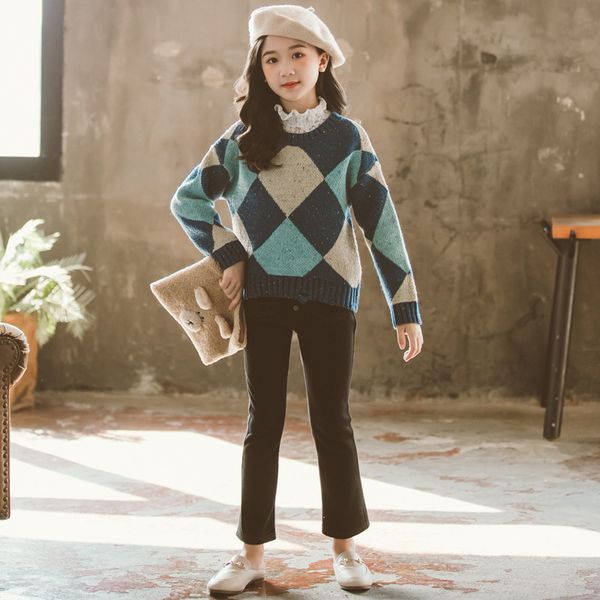 

2019 winter new style patchwork sweater fashion design baby girls sweater loose casual pullover kids for girls, #8208, Blue