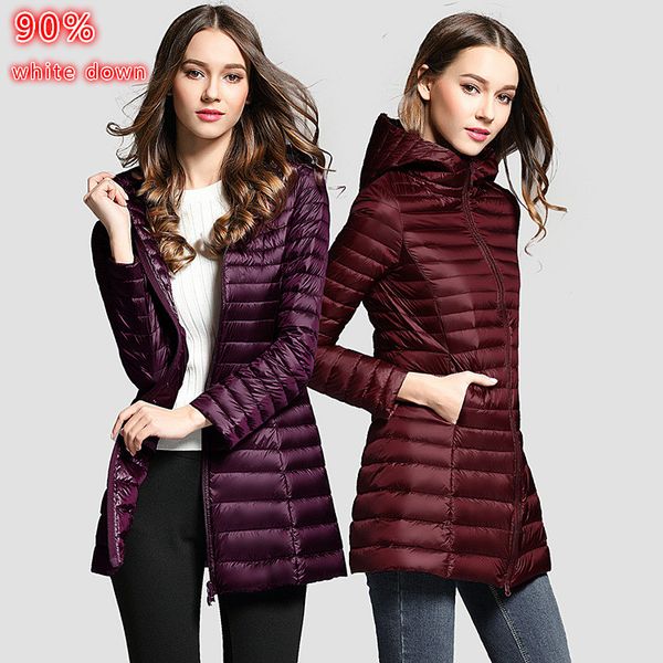 

90% white duck down coat women ultra light down jackets 2018 winter new women long coat parka with hood, Black