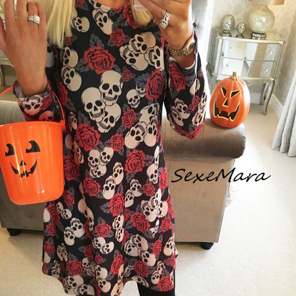 

2019 new arrival christmas halloween style women dress fashion print long sleeve mini dress, Black;gray