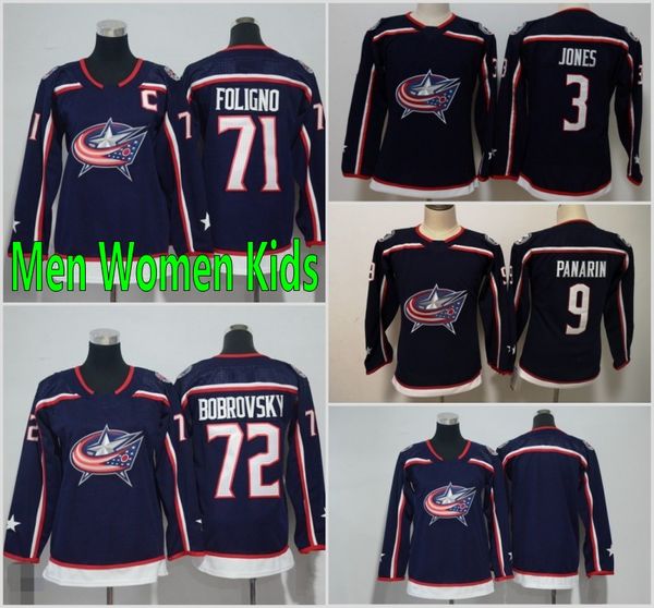 

men women youth kids columbus blue jackets 72 sergei bobrovsky 71 nick foligno 9 artemi panarin 3 seth jones blue stiched hockey jerseys, Black;red