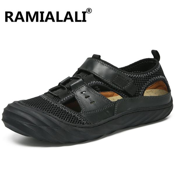 

new genuine leather men sandals rome style mens summer sandals casual shoes man closed toe summer beach shoes, Black