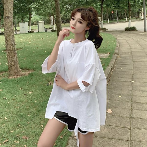 

academic style round collar hole white t-shirt female 2020 summer irregular t-shirt dress dress loose versatile short sleeve tide