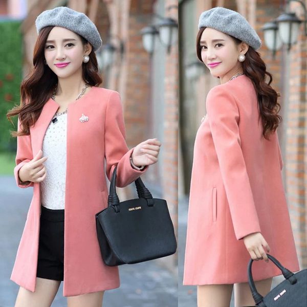 

spring, autumn and winter women's new round neck slim thin woolen coat in the long paragraph solid color windbreaker tb181015, Tan;black