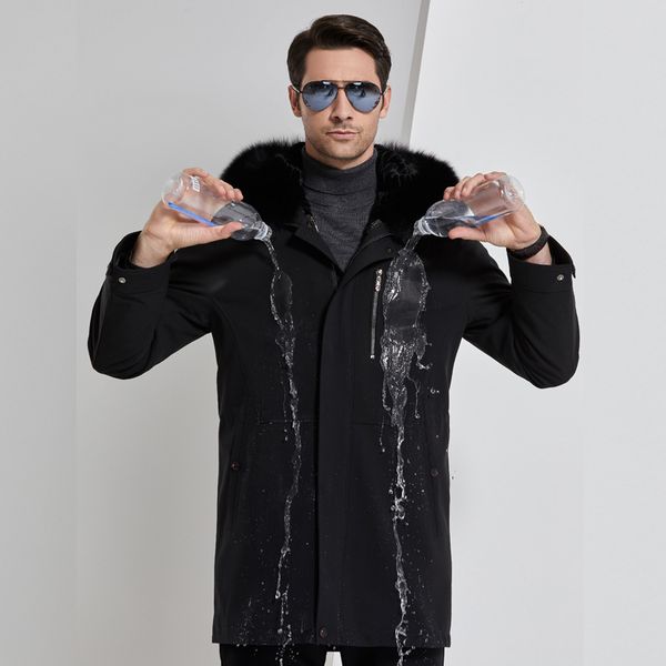 Winter Pelz Jacken Mit Kapuze Männer Lange Mäntel Fuchs Pelz Kragen Windjacke Wasserdichte Jacken Schnee Oberbekleidung Outdoor Mantel Große Größen Kleidung