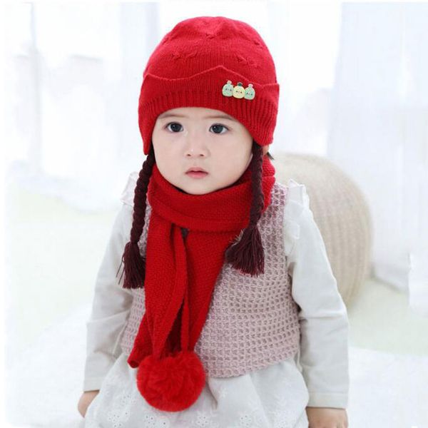 

kids hats 2019 autumn winter new 2pcs toddler baby girls boys cartoon winter warm knitted cap+scarf keep warm set, Yellow