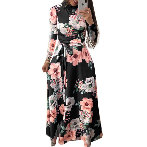 

womens designer dress womens clothes women summer dress elegant party dress floral print maxi stand collar bandage casual dresses 3xl, Black;gray