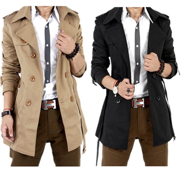 

men solid color windbreaker clothes long sleeve fashion jacket double-breasted buttons lapel collar male coat teens clothing, Tan;black