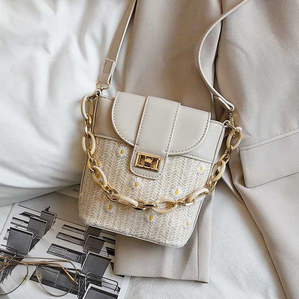 

axukes straw bucket chain design crossbody bags for women 2020 summer new simple shoulder handbags female travel beach bag