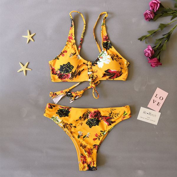 

Flower Print Bikini Set High Cut Backless New Yellow Printed Sling Bikini Sexy Low Waist Explosion Swimsuit Swimwear