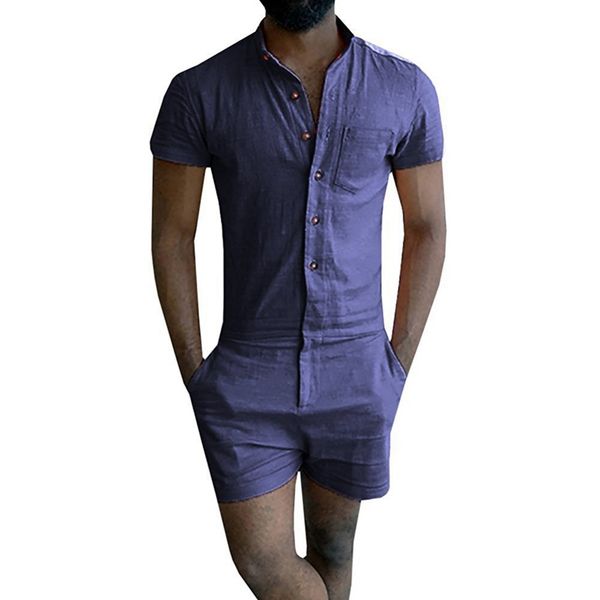 

summer fashion short sleeve mens rompers male single breasted jumpsuit cargo short pants boyfriend zip trousers party overalls, Gray