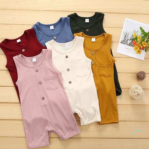 

6 colors kids designer clothes girls boys sleeveless rompers cotton solid stripred children's infant jumpsuit baby summer clothes cz507, Blue