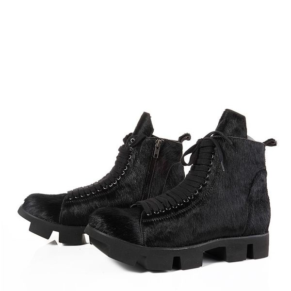 

high street winter thick bottom genuine leather mens snow boots horse hair fur lace up zip vintage ankle boots calzado hombre, Black