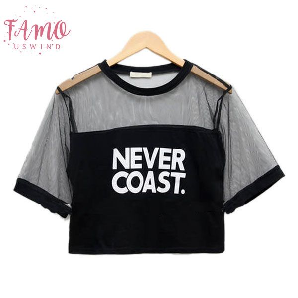 

patchwork mesh see through women female round neck long sleeve black t shirt korean style women elegant t shirt crop, White