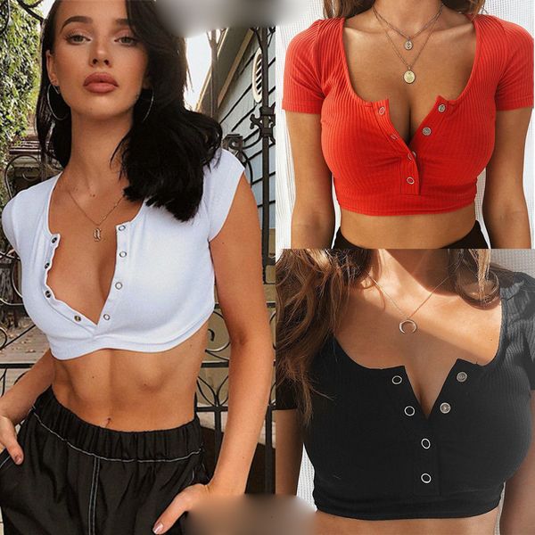 

танк топы женщин v шеи тонкий crop top sexy кнопка с коротким рукавом твердые бретели crop top женский clubwear топике, White