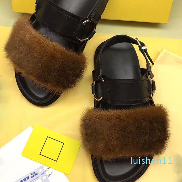

models new good quality flat ermine sandals women fine with water mink hair cat l11, Black