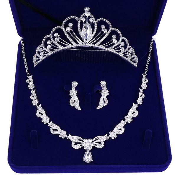 

selling bridal wedding jewellery set alloy-set rhinestone crown necklace earrings three-piece set party dinner dress accessories s, Silver