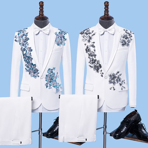 Ternos masculinos blazers lantejoulas applique noivo casamento smoking fino ajuste um botão calças dos homens melhor usar peça formal blazer em estoque