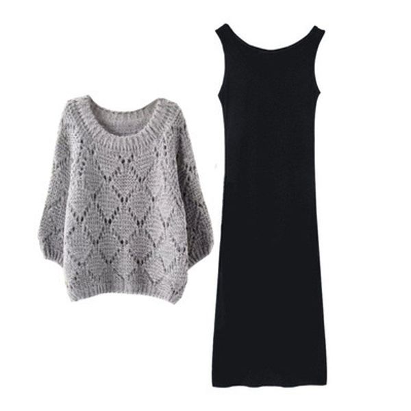 

female 2 pieces new women sets dress sweaters autumn winter fashion o neck casual dresses pullovers knitted, Black;gray