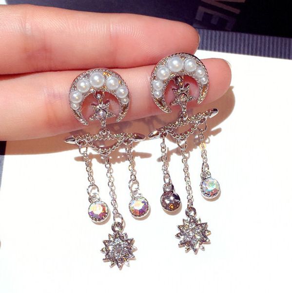 

wholesale-new ins fashion luxury designer glittering zircon diamonds cute moon star pearl tassel dangle stud earrings for woman girls, Golden;silver