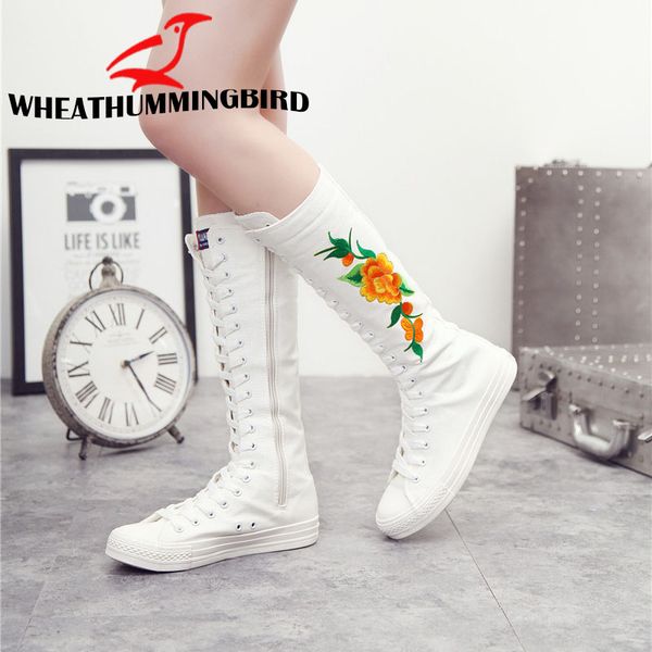 

size 34-43 women fashion high-embroider flat boots long-barreled casual flats canvas boots height increasing shoes ma-79g, Black