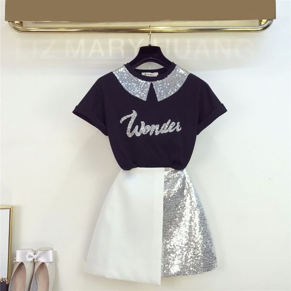

2019 summer fashion women's sequined letter t-shirt + patchwork skirt two-piece sets lady beautiful suits a1188, White
