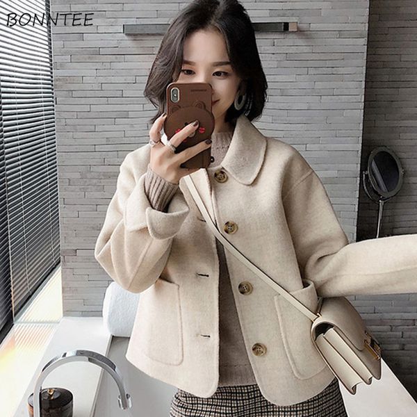 

wool women solid chic single breasted pockets kawaii short blends students all-match thicker coat womens elegant woolen coats y190926, Black