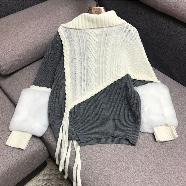 

harajuku knitted sweater women's lapel plush loose outer weartrimmed sweaters tweed sweater sweter jersey mujer invierno, White;black