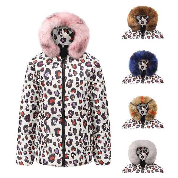 

2019 short wool collar for winter down cotton clothing women down coats jackets warm wemen leopard print jeckets, Black